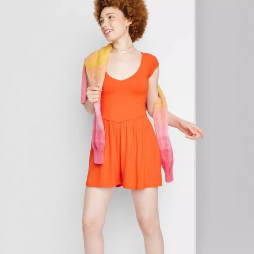 NWT Wild Fable Short Sleeve Knit Romper with Pockets Orange Small